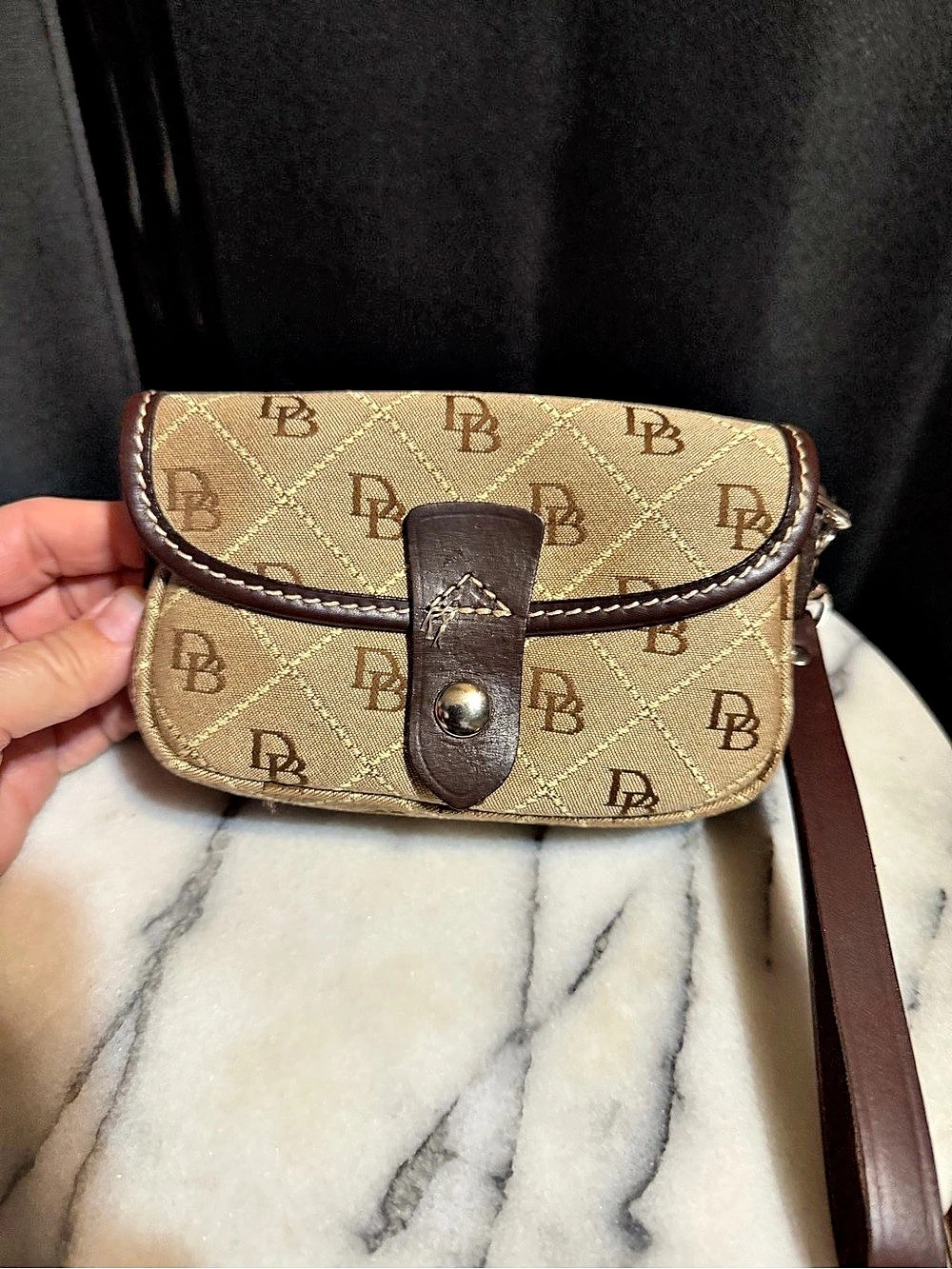 Dooney & Bourke Monogram Flap Wristlet in Brown & Tan